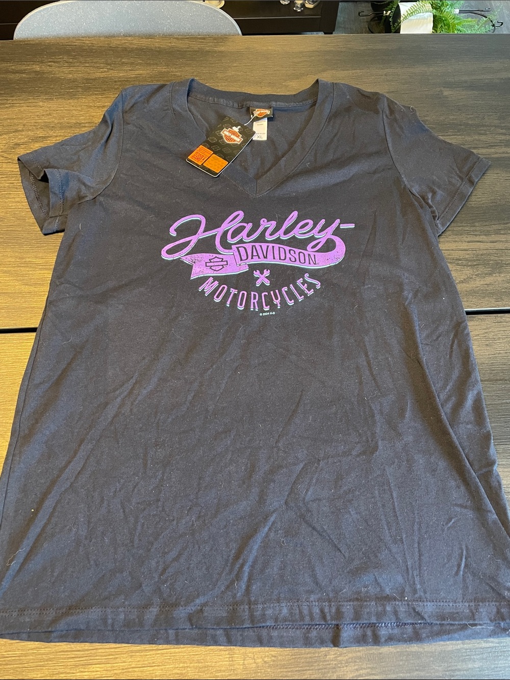 NWT Harley-Davidson Black V-Neck Tee with Purple Logo